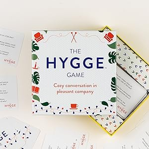 Conversation card game, The Hygge Game from above open box, cards with thoughtful questions, hygge